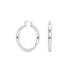 Detailed side and front view of polished S925 sterling silver hollow hoop earrings