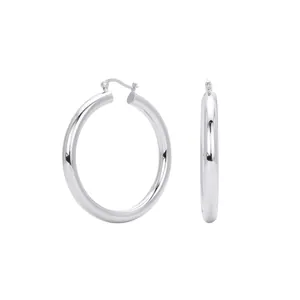 Detailed view of large S925 sterling silver hollow tube hoop earrings with glossy finish