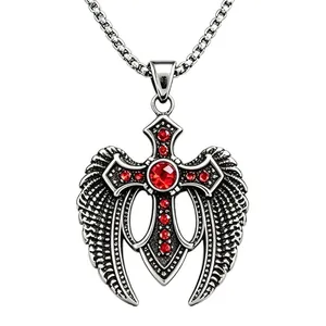 Collar cruz alas de ángel de acero de titanio con piedras rojas para hombre hip hop