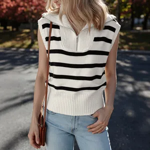 Women Casual Striped Knit Vest Quarter Zip Turn Down Collar Sleeveless Sweater Top Retro Fashion Knitwear For Women