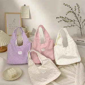 Korean Style Star Dot Print Large Capacity Tote Bag Cotton Fabric Shoulder Bag Minimalist Commuter Handbag Women Fashion Bag