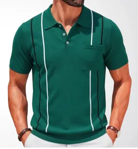 Close-up of men's green knit polo shirt featuring vertical contrast stripes and chest pocket