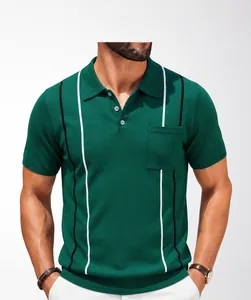 Men's green knit polo shirt with vertical contrast stripes and chest pocket details.