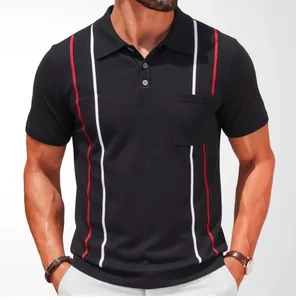 Close-up of men's black knitted polo shirt with red and white stripes and pocket