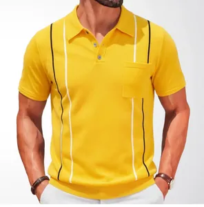 Detailed view of yellow knit Polo shirt with contrast vertical stripes and pocket