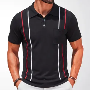 Men's black knit polo shirt featuring vertical contrast stripes and a patch pocket