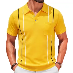 Men's yellow knitted Polo shirt with black and white vertical stripes and pocket