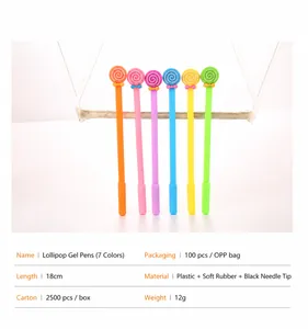 Detailed view of six colorful lollipop-shaped gel pens with black ink and soft rubber tops