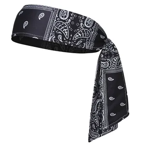 Close-up of black and white paisley pattern on elastic pirate bandana for outdoor sports