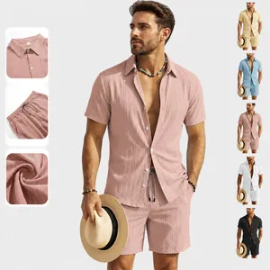 Uomo Estate Casual Poliestere Camicia E Pantaloncini Top E Bottom Tinta Unita Revers Manica Corta Abbottonato Abiti Da Spiaggia Per Uomo