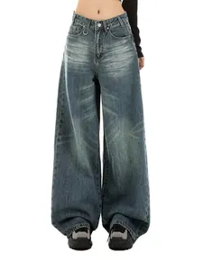 Women Retro High Waist Wide Leg Jeans Vintage Blue Washed Ripped Straight Loose Denim Trousers Casual Streetwear Pants