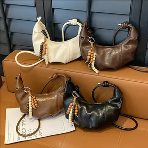 Women Fashion Pleated Hobo Bag PU Leather Shoulder Crossbody Bag With Knot Strap And Wooden Bead Pendant Elegant Commuting Purse
