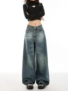 Full length view of women's retro wide-leg denim jeans featuring unique wash detail