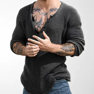 Herren Vintage Amerikanischer V-Ausschnitt Strickwaren Retro Lazy Style Baumwollmischung Langarm Pullover Dünner Stricktop