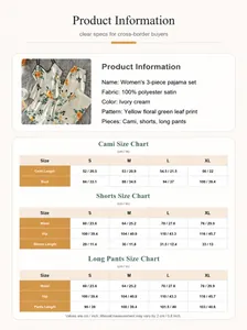 Comprehensive size guide and product info for women's floral satin 3-piece pajama set