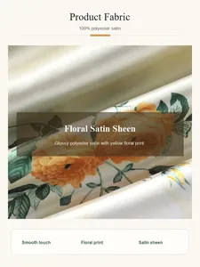 Macro detail view of glossy polyester satin fabric with elegant yellow floral print