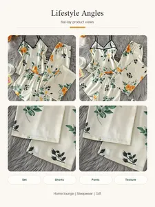 Detail view of 4-piece floral satin sleepwear set showing top, shorts, and pants