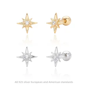 925 Sterling Silver North Star Stud Earrings For Women Tiny Eight Pointed Star Screw Back Earrings With Zirconia Jewelry