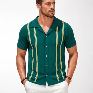 Men Retro Striped Knitted Polo Shirt Short Sleeve Camp Collar Casual Summer Vacation Viscose Knit Top