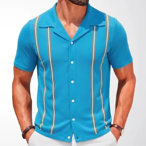 Premium men's vintage light blue striped knit polo shirt with casual Cuban collar