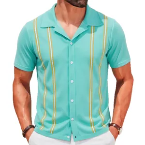 American vintage mint green striped knit polo shirt for men's casual summer vacation