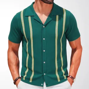 Men's vintage green striped knit polo shirt with short sleeves for summer leisure.