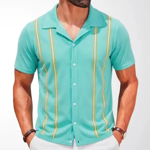 Vintage American style teal knit polo shirt for men with vertical stripes and short sleeves