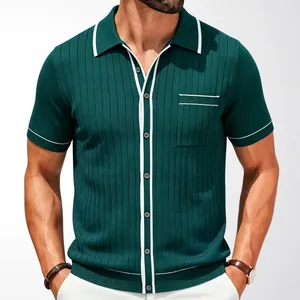Stylish men's dark green ribbed short sleeve knitted polo cardigan with white piping trim
