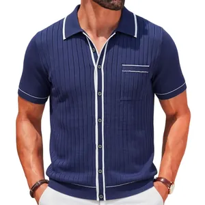 Men's navy blue short sleeve knitted polo cardigan with vertical stripes and white piping