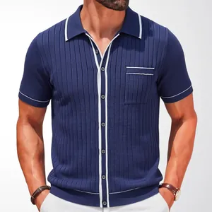 Men's navy blue ribbed knit short-sleeve polo cardigan with white contrast piping detail