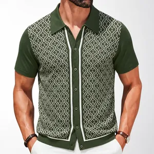 Polo Tricoté Jacquard Géométrique Vintage Homme Manches Courtes Cardigan Boutonné Haut Décontracté en Viscose Tricot Mode Été Vêtements Homme