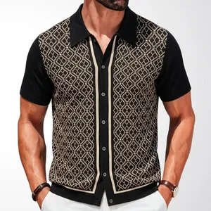 Cardigan polo vintage en tricot pour homme avec motif jacquard géométrique élégant
