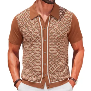 Gilet polo en maille à manches courtes pour hommes avec motif jacquard marron élégant