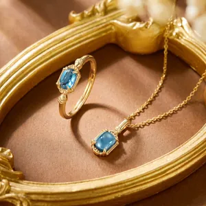 Vintage 925 silver gold plated jewelry set with natural London Blue Topaz gemstones