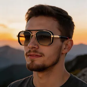 Men's retro double bridge metal sunglasses shown in a scenic outdoor sunset lighting setup