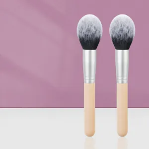 Flame Shape Powder Brush Soft Synthetic Fiber Bristles Wood Handle Aluminum Tube Professional Face Makeup Tool
