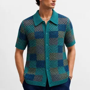 Men's Checkerboard Crochet Hollow Out Knit Polo Shirt Vintage Vacation Style Short Sleeve Button Down Acrylic Top