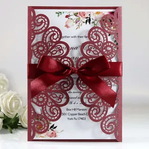Invitación de Boda Europea de Papel Perla Artificialdo Corte Láser Con Lazo de Satén Página Interior Floral Y Sobre Para Ceremonia