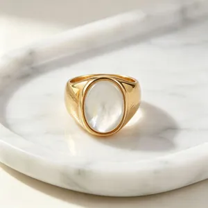 Roestvrijstalen Ring Met Kunstparelmoer Ovaal Breed Zegelring Mode Sieraden Voor Dames Heren