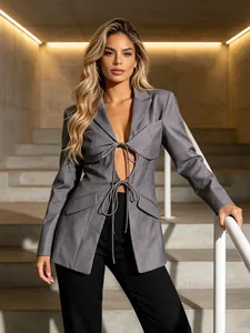 Elegant grey hollow-out tie-front blazer with a sexy V-neckline and irregular hemline