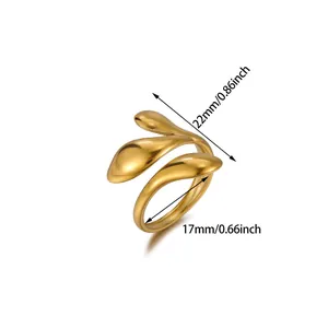 Detailed dimension view of organic gold leaf ring in millimeters and inches