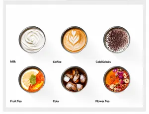 Detail view showing 316 stainless steel cup filled with coffee, tea, and various beverages.