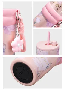 Close-up details of floral thermos cup with food-grade straw and anti-slip base.