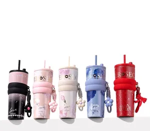 Floral 316 stainless steel insulated tumblers with straws and flower charms in 5 colors