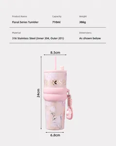 Detailed product specifications for 710ml floral insulated tumbler with straw and dimensions