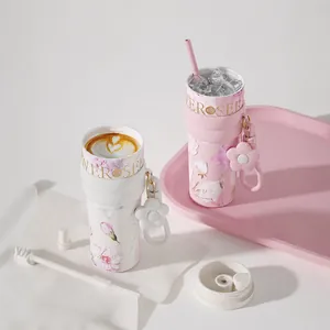 Floral thermal coffee mug with ceramic liner, straw and 12h hot/24h cold insulation