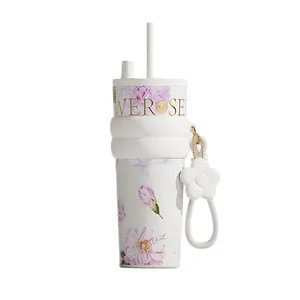 316 stainless steel floral insulated tumbler with ceramic lining and flower charm