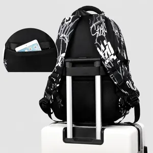 Large capacity graffiti backpack for travel with back zipper pocket and luggage strap