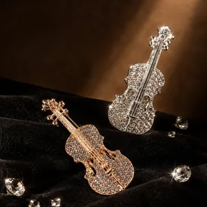 Fashion Elegant Violin Musical Instrument Alloy Brooch With Rhinestone Artificial Pearl Enamel Pin Jewelry Gift For Women