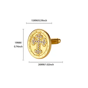 Detailansicht goldener Edelstahl-Manschettenknopf mit Kreuz und Größenangaben